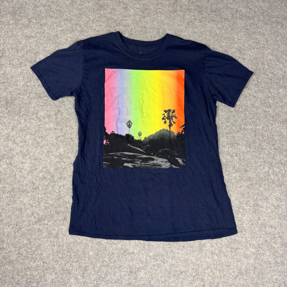 Strange Daze Navy Blue Rainbow‎ Palm Tree Graphic Tee Shirt Womens Large